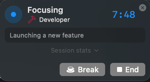 Ghost live session widget with timer and session controls