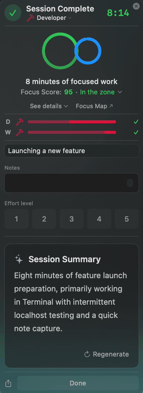 Ghost session summary showing focus rings, focus score, and AI-written summary